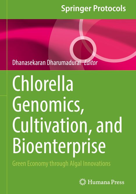 "Springer Protocols. Chlorella Genomics, Cultivation, and Bioenterprise. Grüner Hintergrund mit pinken Mustern."