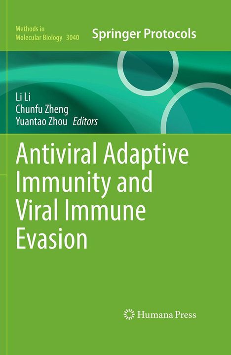 Springer Protocols, Antiviral Adaptive Immunity and Viral Immune Evasion. Grün mit Kreismuster, Humana Press-Logo.