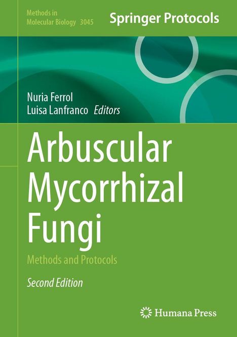 "Arbuscular Mycorrhizal Fungi: Methods and Protocols, Second Edition" - Grünes Buchcover mit grafischen Kreisen.