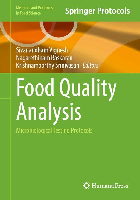 "Food Quality Analysis: Microbiological Testing Protocols" in Grün, Autoren und Verlagslogo, mit abstraktem Hintergrund.