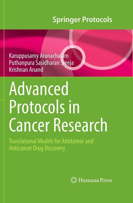 Titel: "Advanced Protocols in Cancer Research". 
Beschreibung: Grünes und pinkes Cover mit Autoren. Springer Protocols und Humana Press sind erwähnt.