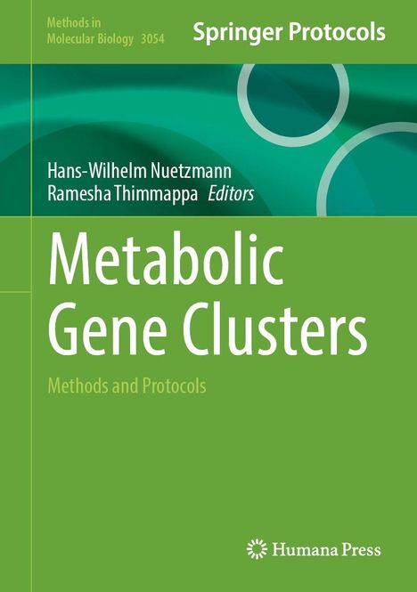 „Metabolic Gene Clusters“, grüne Buchabdeckung, Springer und Humana Press Logos, kreisförmige Muster.