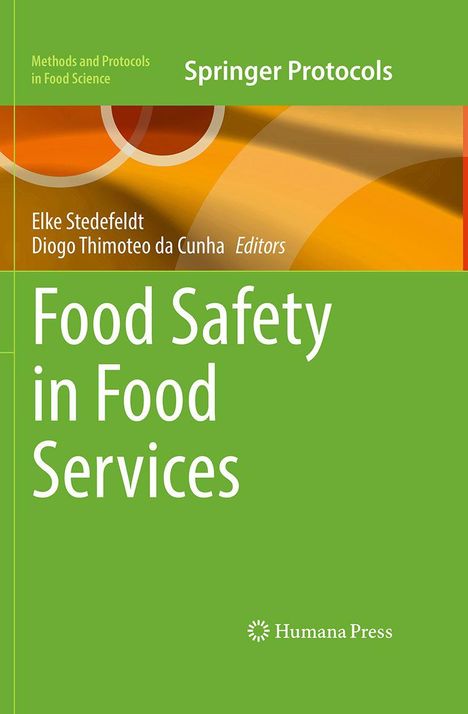 "Food Safety in Food Services", grün und orange, Springer Protocols und Humana Press Logo.