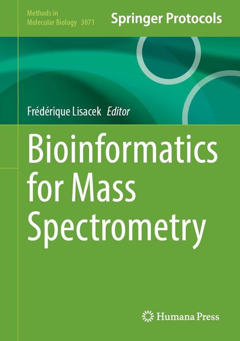 "Bioinformatics for Mass Spectrometry" oben und "Humana Press" unten. Grüner Hintergrund mit Kreismustern.