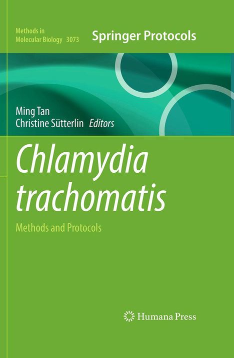 „Chlamydia trachomatis: Methods and Protocols“. Grünes Design mit abstrakten Kreisen, Humana Press Logo.