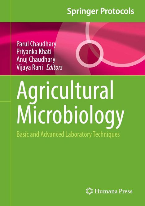 „Springer Protocols“, „Agricultural Microbiology“. Grüner Hintergrund, pinkes Bandmuster. Humana Press Logo unten.