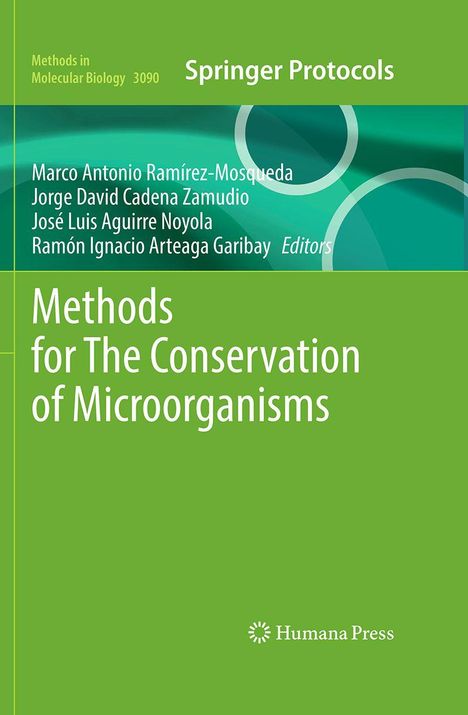 "Methods for The Conservation of Microorganisms". Springer Protocols. Grün mit abstrakten Kreismustern und mehreren Autoren.