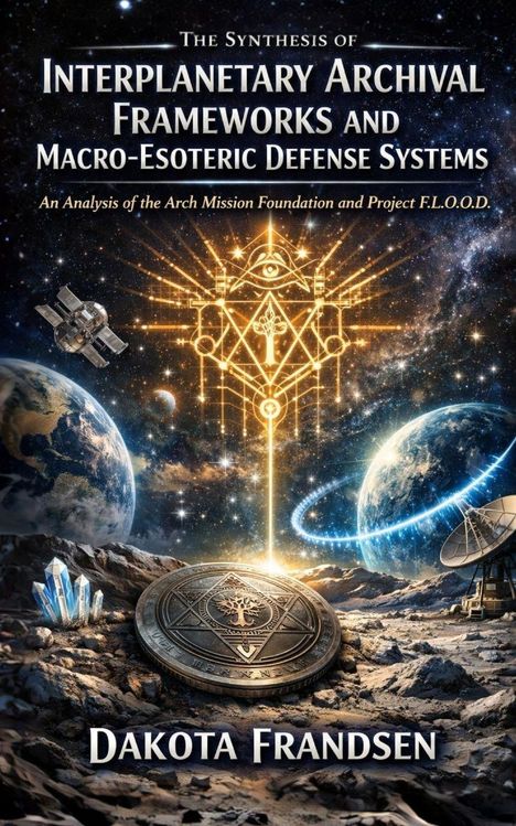 Text: "Interplanetary Archival Frameworks and Macro-Esoteric Defense Systems". 
Eine Illustration mit Weltraummotiv, Erde, Symbolen.