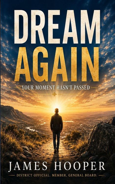 „DREAM AGAIN. YOUR MOMENT HASN'T PASSED. JAMES HOOPER“: Eine Person steht bei Sonnenuntergang auf einem Pfad mit Ausblick.