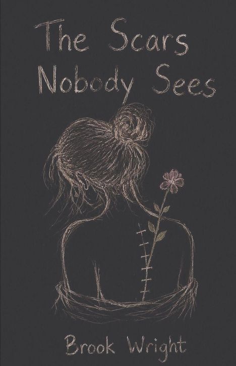 "The Scars Nobody Sees" oben, "Brook Wright" unten; gezeichnete Frau von hinten mit Narbe, aus der eine Blume wächst.