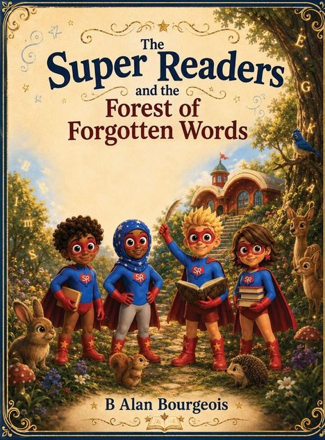 Text: "The Super Readers and the Forest of Forgotten Words" von B Alan Bourgeois. Illustration: Vier Kinder in Superheldenkostümen im Wald.