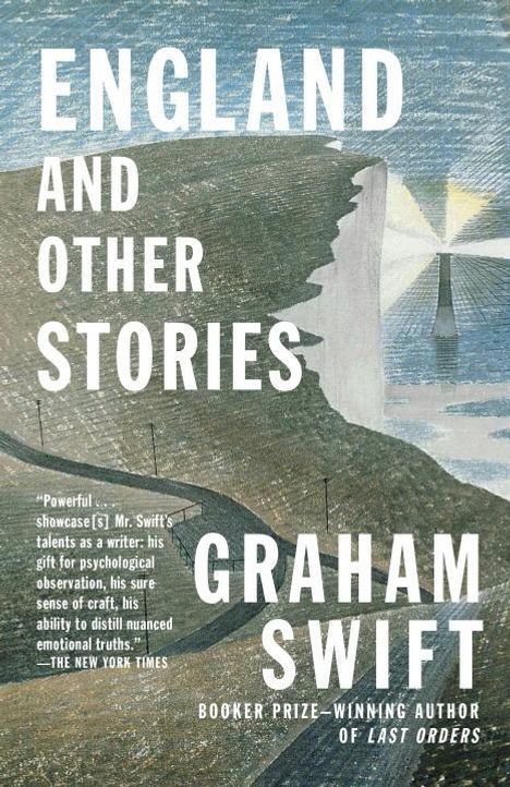 "England and Other Stories", "Graham Swift". Illustration: Ein Leuchtturm an einer Küste, mit Strahlen und Wasser.
