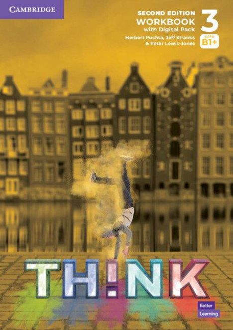 "SECOND EDITION WORKBOOK 3 CEFR B1+ THINK!" Gebäude im Hintergrund, kopfüber stehende Person, buntes Logo unten.