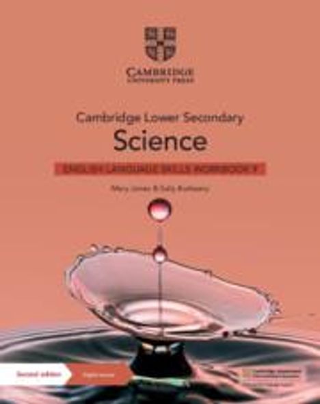 Text: "Cambridge Lower Secondary Science. English Language Skills Workbook 8. Mary Jones & Sally Burbeary." Wasser-Illustration.