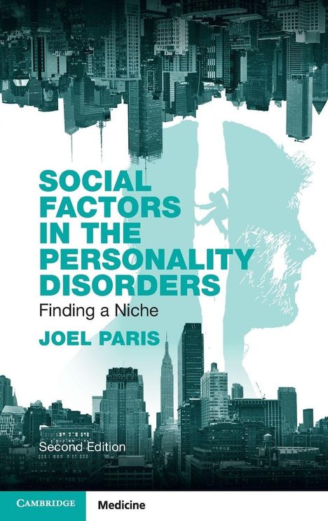 „SOCIAL FACTORS IN THE PERSONALITY DISORDERS“ steht groß in Türkis. Darunter Stadtansichten, oben auf dem Kopf.