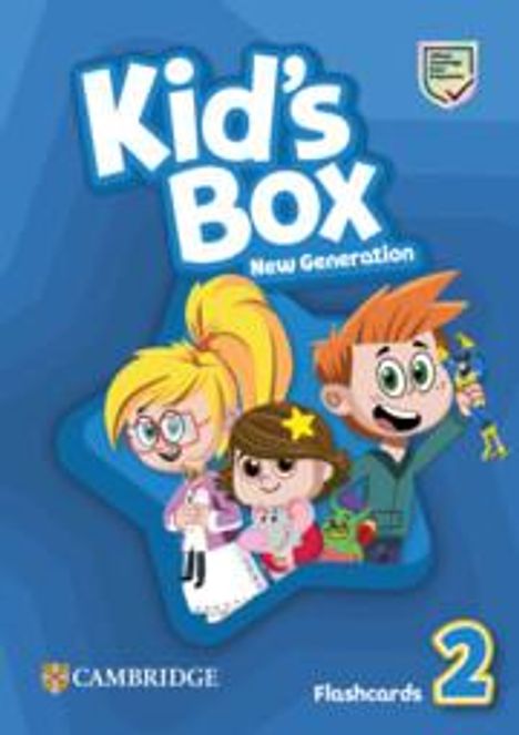 „Kid’s Box New Generation“, „Flashcards 2“. Drei fröhliche, cartoonhafte Kinder auf blauem Hintergrund.