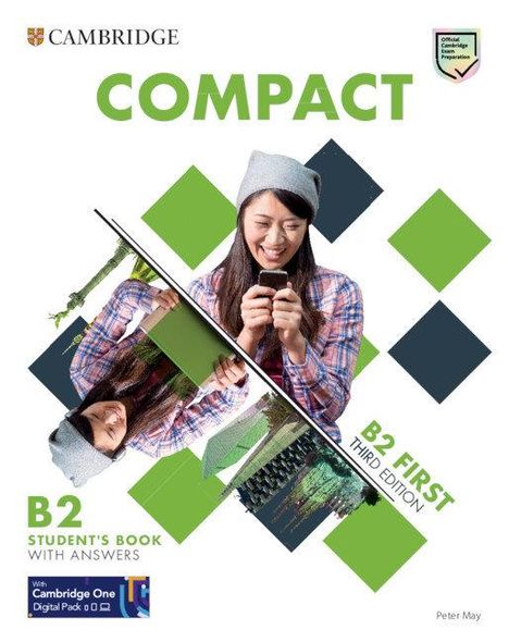 "COMPACT," "B2 FIRST THIRD EDITION," "B2 STUDENT'S BOOK WITH ANSWERS," lächelnde Person mit Handy, grüne und blaue Quadrate.