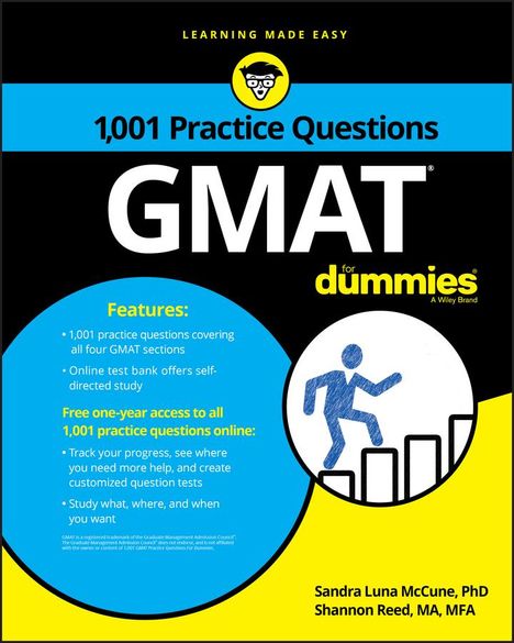 „Learning Made Easy“, „1,001 Practice Questions: GMAT for Dummies“, „Features“, gelbes Logo mit Figur und Brille.