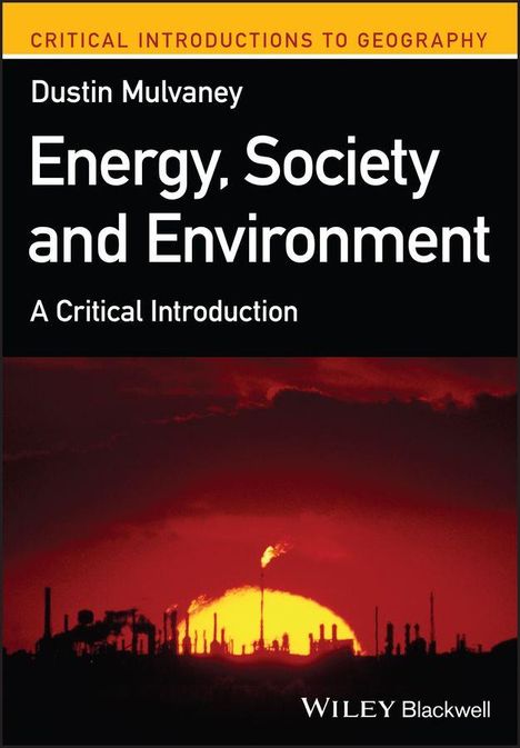"Buchcover: Energy, Society and Environment. Silhouette einer Industrieanlage vor rotem Sonnenuntergang."