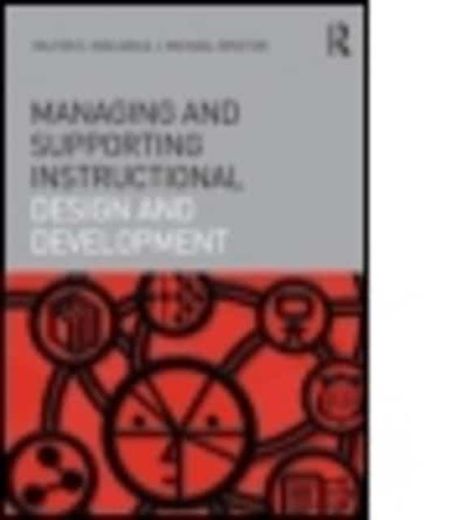 Text: "Managing and Supporting Instructional Design and Development". Design mit schwarzen Symbolen auf rotem Hintergrund.