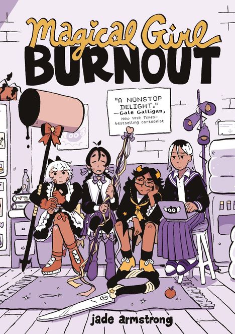 Titel: "Magical Girl Burnout". Zitat: "A NONSTOP DELIGHT." Vier junge Menschen in magischen Kostümen sitzen erschöpft zusammen.