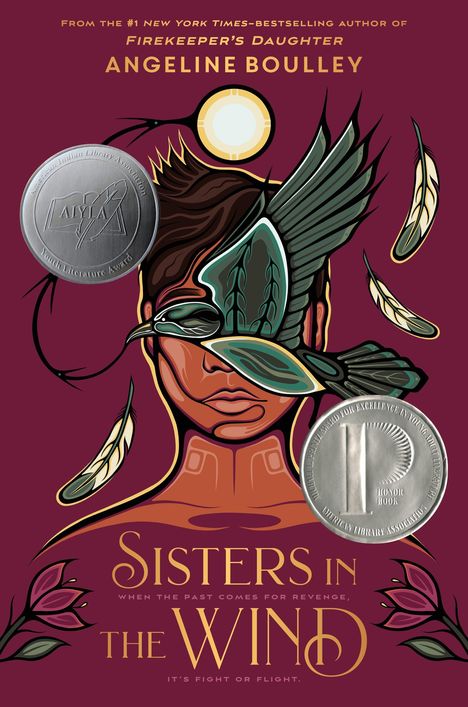 Text: "Sisters in the Wind", "Angeline Boulley". Illustration: Gesicht mit Vogel, Federn und Blumen.