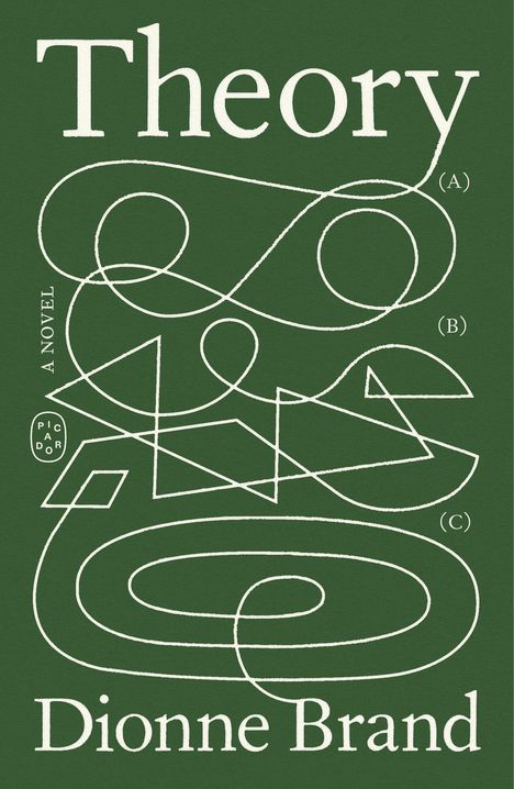 "Theory", "A Novel", "Dionne Brand". Grüne Illustration mit weißen ineinander verschlungenen Linien und geometrischen Formen.