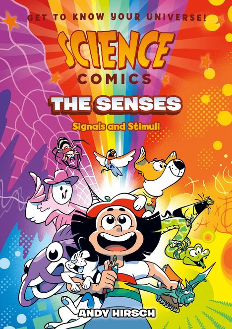 "Science Comics: The Senses - Signals and Stimuli". Cartoonfiguren, darunter ein fröhliches Kind mit Tieren und regenbogenfarbigem Hintergrund.