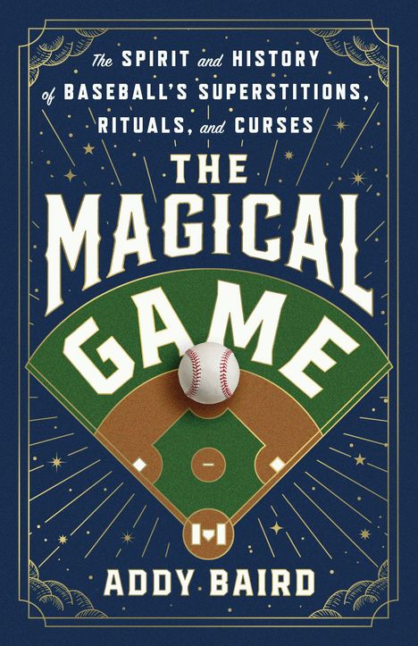 "The Magical Game": Eine Baseball-Illustration mit Spielfeld und Ball, umgeben von Sternenmotiven und dekorativen Elementen.