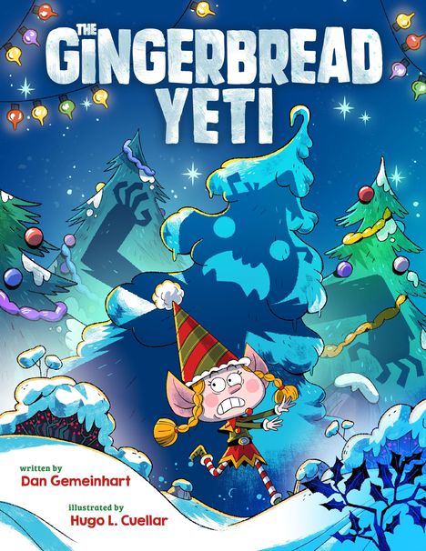 "The Gingerbread Yeti" in großen Buchstaben, ein Elf in buntem Outfit rennt durch eine verschneite Landschaft voller Lichter.