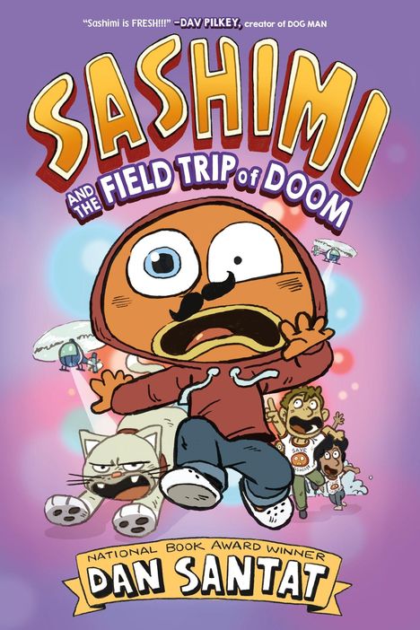 "Sashimi and the Field Trip of Doom." Ein Cartoon-Charakter mit Panik, verfolgt von einer wütenden Katze und Menschen im Hintergrund.