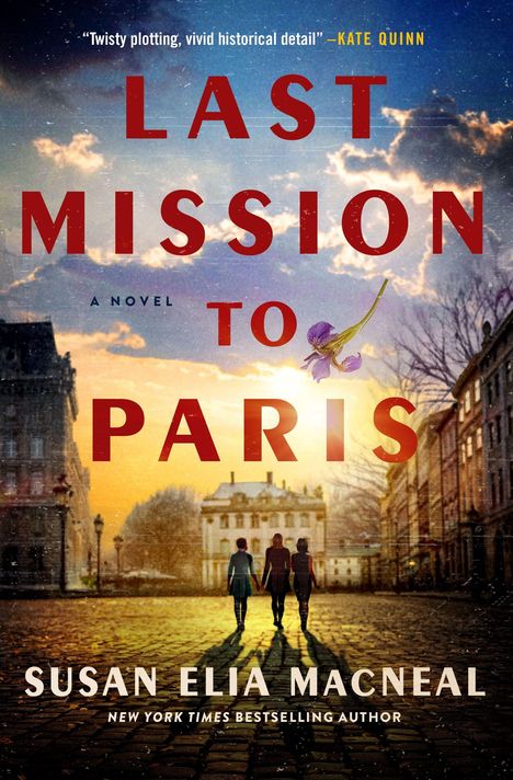 „LAST MISSION TO PARIS“ steht über einem Foto mit drei Personen bei Sonnenuntergang in einer städtischen Kulisse.