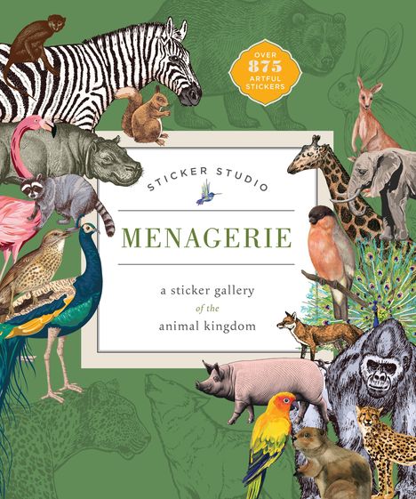 "Sticker Studio Menagerie: a sticker gallery of the animal kingdom" umgeben von Tierillustrationen auf grünem Hintergrund.