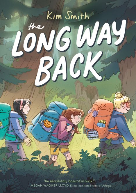 „Kim Smith, The Long Way Back.“ Illustration: Drei Personen mit großen Rucksäcken im Wald.