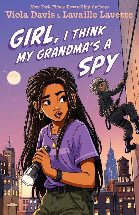 Text: "Girl, I think my grandma's a spy". Illustration einer jungen Frau mit Taschenlampe und einer kletternden Person.