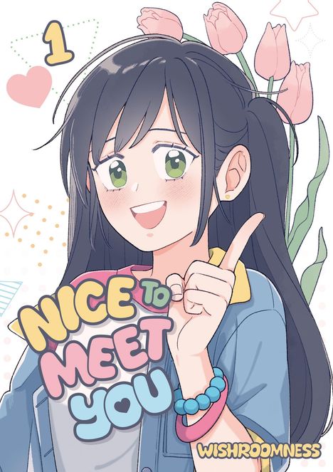 Text: "1", "NICE TO MEET YOU", "WISHROOMNESS". Illustration eines lächelnden Mädchens mit langen Haaren und Blumen im Hintergrund.