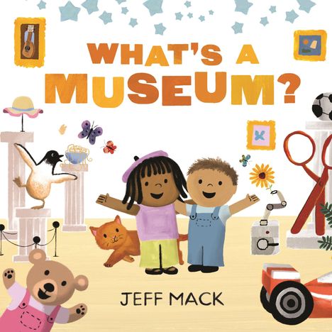 Text: "WHAT'S A MUSEUM?"  
Illustration: Zwei lächelnde Kinder, umgeben von Tieren und Objekten, in fröhlicher Atmosphäre.