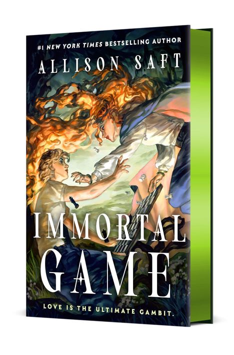 "Immortal Game" von Allison Saft. Zwei Figuren schweben dramatisch mit fließendem Haar, von Schachfiguren umgeben.