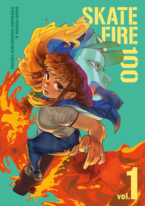 "SKATE FIRE 100 vol. 1" steht in gelber Schrift. Ein Mädchen auf einem Skateboard fährt durch Flammen.