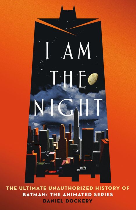 "I Am The Night" steht auf einem stilisierten Batman-Logo über einer städtischen Skyline bei Nacht.