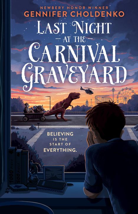 Titel: "Last Night at the Carnival Graveyard." Junge betrachtet Dschungel-Szene mit Dinosaurier und Bär.