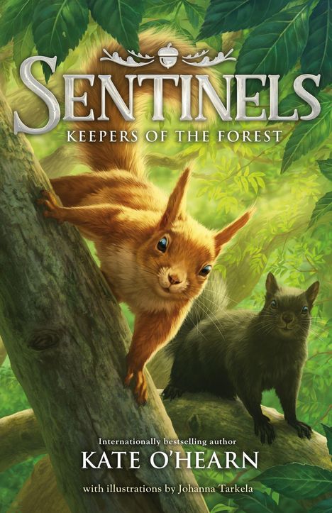**Sentinels: Keepers of the Forest**. Zwei Eichhörnchen auf einem Baum mit üppigem grünen Laub.