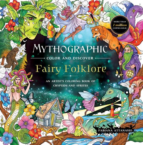 "MYTHOGRAPHIC", "Fairy Folklore", buntes Fantasiebild mit Elfen, Schmetterlingen, einem Fuchs und weiteren Fabelwesen.