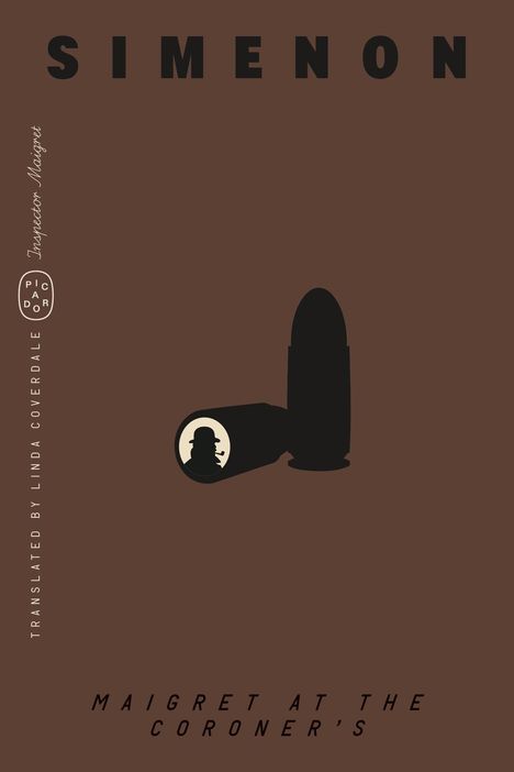 "SIMENON" steht oben, "Maigret at the Coroner's" unten, daneben zwei Patronen. Links ein Logo und Text vertikal.
