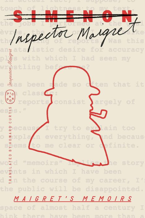 Texten: "SIMENON", "Inspector Maigret", "Maigret's Memoirs." Silhouette eines Mannes mit Hut und Pfeife.