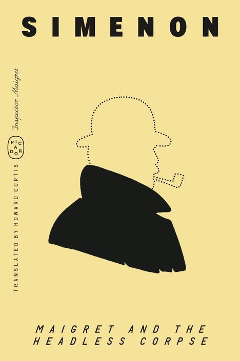 Oben steht "SIMENON". Unten Titel: "MAIGRET AND THE HEADLESS CORPSE". Silhouette eines Mannes mit Pfeife und Hut.
