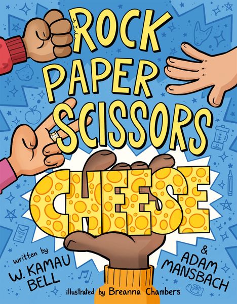 "ROCK PAPER SCISSORS CHEESE" in gelber Schrift, Hände zeigen "Stein", "Papier" und "Schere". Illustrative Gestaltung.