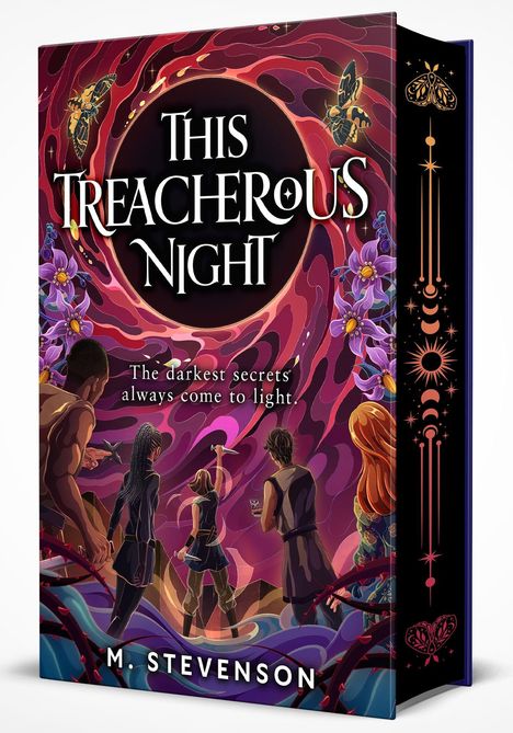 Buchtitel: This Treacherous Night. Untertitel: The darkest secrets always come to light. Auf dem Cover sind Figuren und Blumen.