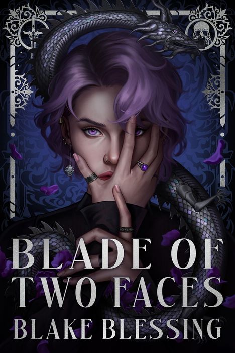 Text: "Blade of Two Faces - Blake Blessing." Eine Illustration zeigt eine Frau mit violettem Haar und einen silbernen Drachen.