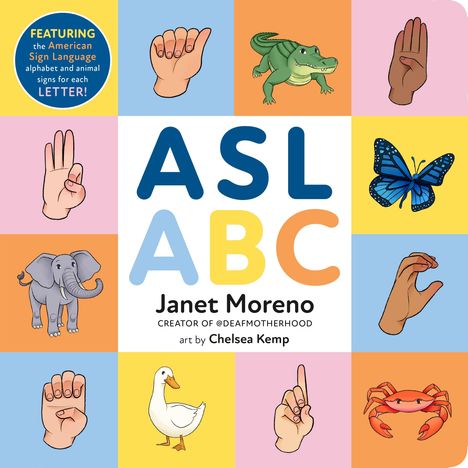 "ASL ABC" mit Handzeichen und Tieren. Bunte Felder zeigen Hände in Gebärden und Tiere wie Alligator, Schmetterling, Elefant.
